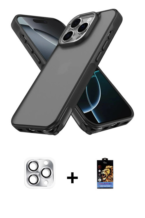 ieg™ iPhone 16 Pro Max Kılıf Atlas Form - Siyah Buffer Hayalet Cam Ekran Koruyucu + Gümüş Pers Alümi
