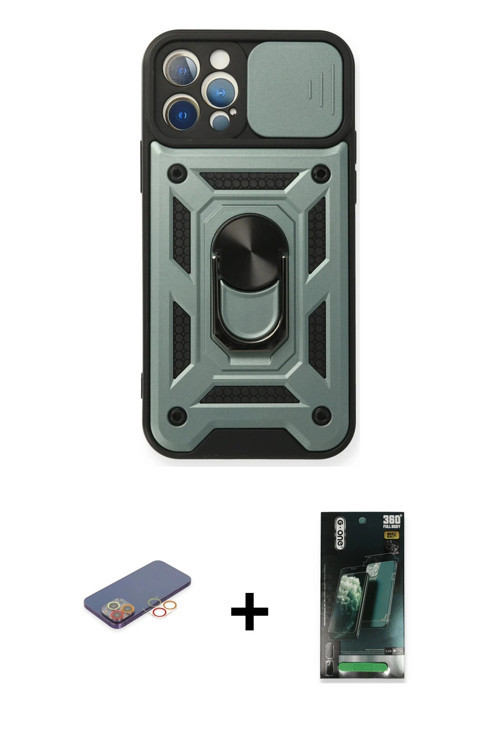 ieg™ iPhone 12 Pro Kılıf Ahenk Klasik - Şeffaf 360 Full Body Arka Koruyucu + Turuncu Renkli Kamera L