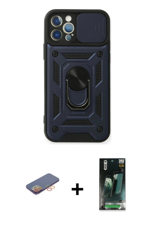 ieg™ iPhone 12 Pro Kılıf Ahenk Klasik - Şeffaf 360 Full Body Arka Koruyucu + Turuncu Renkli Kamera L