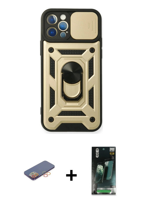 ieg™ iPhone 12 Pro Kılıf Ahenk Klasik - Şeffaf 360 Full Body Arka Koruyucu + Turuncu Renkli Kamera L