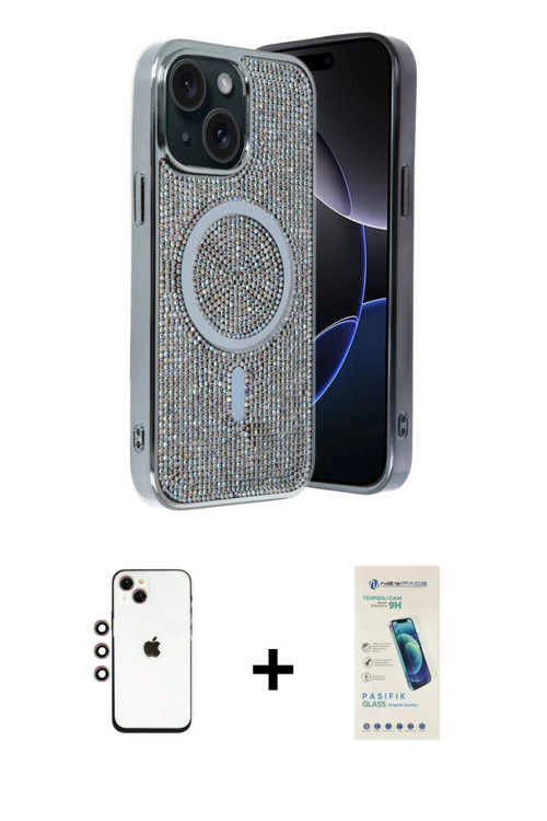ieg™ iPhone 14 Kılıf Eksen Çizgi - Şeffaf Pasifik Cam Ekran Koruyucu + Gökkuşağı Shine Kamera Lens
