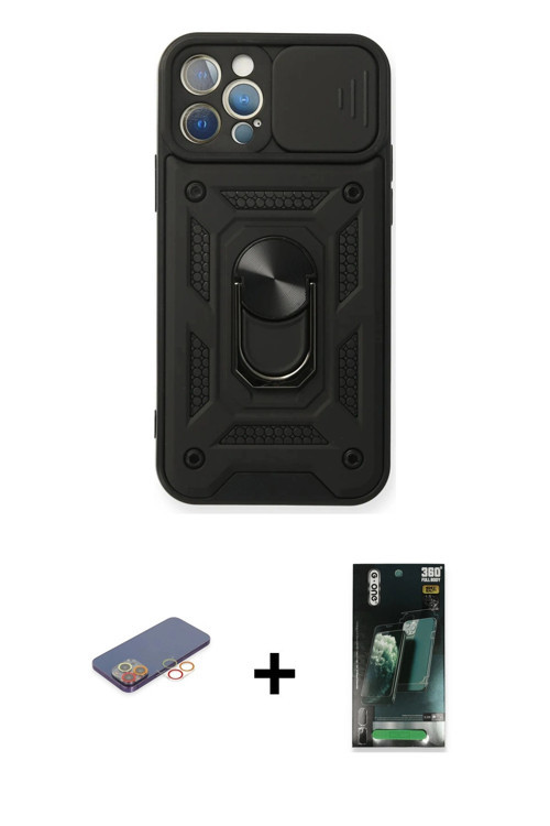 ieg™ iPhone 12 Pro Kılıf Ahenk Klasik - Şeffaf 360 Full Body Arka Koruyucu + Turuncu Renkli Kamera L