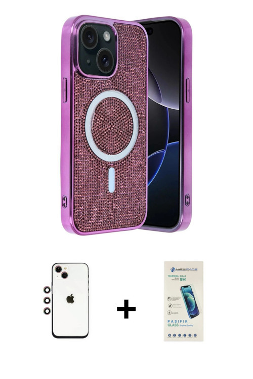 ieg™ iPhone 14 Kılıf Eksen Çizgi - Şeffaf Pasifik Cam Ekran Koruyucu + Gökkuşağı Shine Kamera Lens