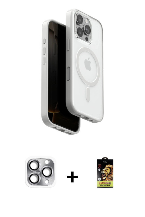 ieg™ iPhone 16 Pro Max Kılıf Pusula Form Serisi - Siyah Buffer Cam Ekran Koruyucu + Gri Pers Alüminy