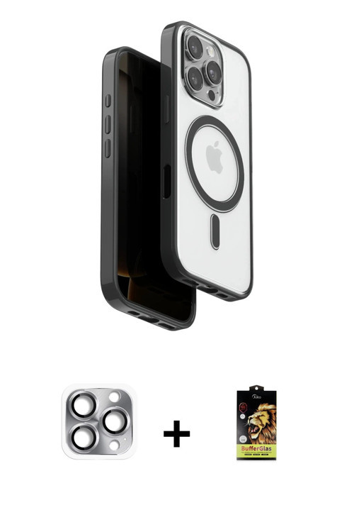 ieg™ iPhone 16 Pro Max Kılıf Pusula Form Serisi - Siyah Buffer Cam Ekran Koruyucu + Gri Pers Alüminy