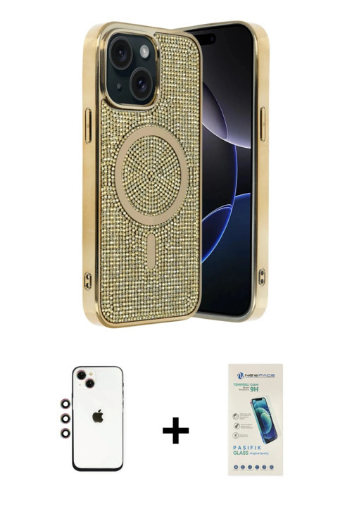 ieg™ iPhone 14 Kılıf Eksen Çizgi - Şeffaf Pasifik Cam Ekran Koruyucu + Gökkuşağı Shine Kamera Lens