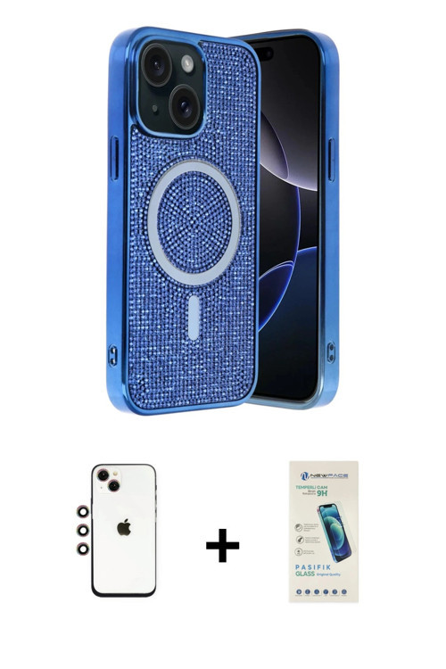 ieg™ iPhone 14 Kılıf Eksen Çizgi - Şeffaf Pasifik Cam Ekran Koruyucu + Gökkuşağı Shine Kamera Lens