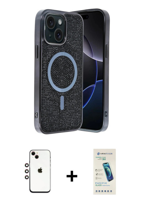ieg™ iPhone 14 Kılıf Eksen Çizgi - Şeffaf Pasifik Cam Ekran Koruyucu + Gökkuşağı Shine Kamera Lens