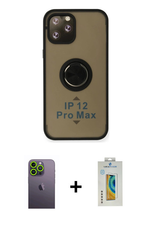 ieg™ iPhone 12 Pro Max Kılıf Yörünge Çizgi - Siyah Polymer Nano Ekran Koruyucu + Yeşil Neon Fosforlu