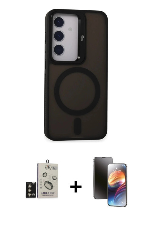 ieg™ Galaxy S24 Kılıf Akış Form - Siyah 3D Antistatik Mat Seramik Nano Ekran Koruyucu + Gold Bilvis