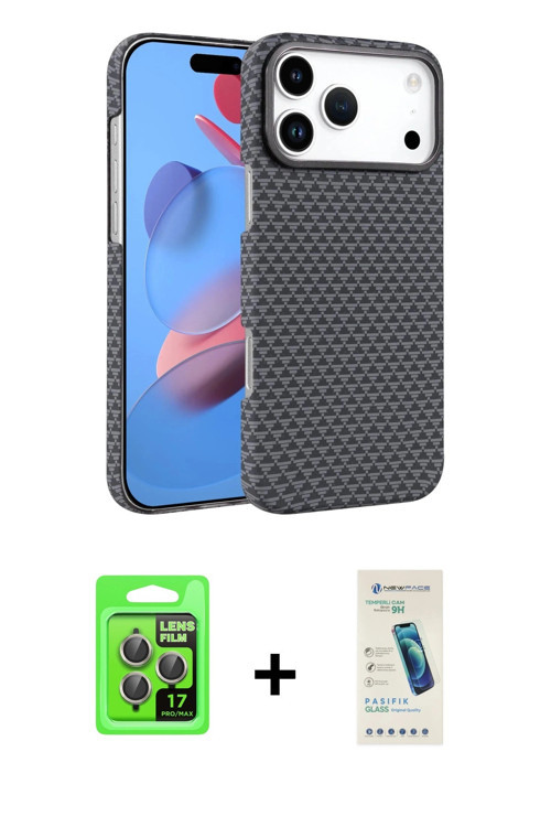 ieg™ iPhone 17 Pro Kılıf Doruk Serisi - Şeffaf Pasifik Cam Ekran Koruyucu + Gri Raze Metal Kamera Le