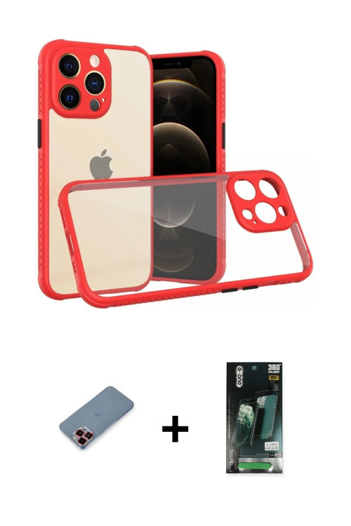 ieg™ iPhone 13 Pro Kılıf Nova Asil Özel Seri - Şeffaf 360 Full Body Arka Koruyucu + Kırmızı Metal Ka