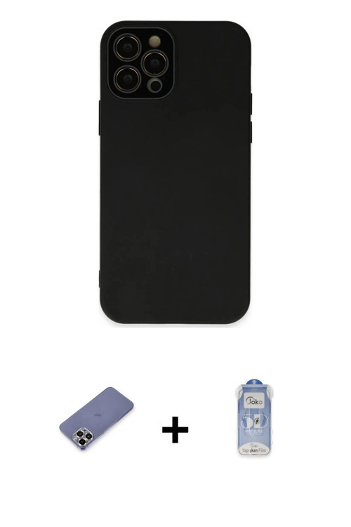 ieg™ iPhone 12 Pro Max Kılıf Çekirdek Modern Serisi - Siyah Joko Magic 5D Cam + Gold Metal Kamera Le
