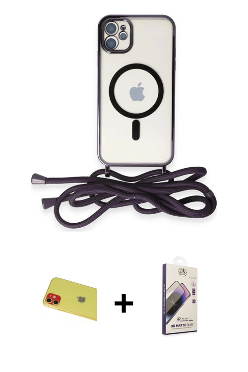 ieg™ iPhone 11 Kılıf Eksen Özel Seri - Siyah Bilvis 3D Mat Cam Ekran Koruyucu + Kırmızı Rainbow Kame