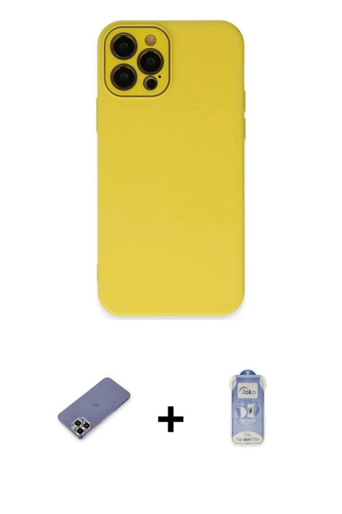 ieg™ iPhone 12 Pro Max Kılıf Çekirdek Modern Serisi - Siyah Joko Magic 5D Cam + Gold Metal Kamera Le