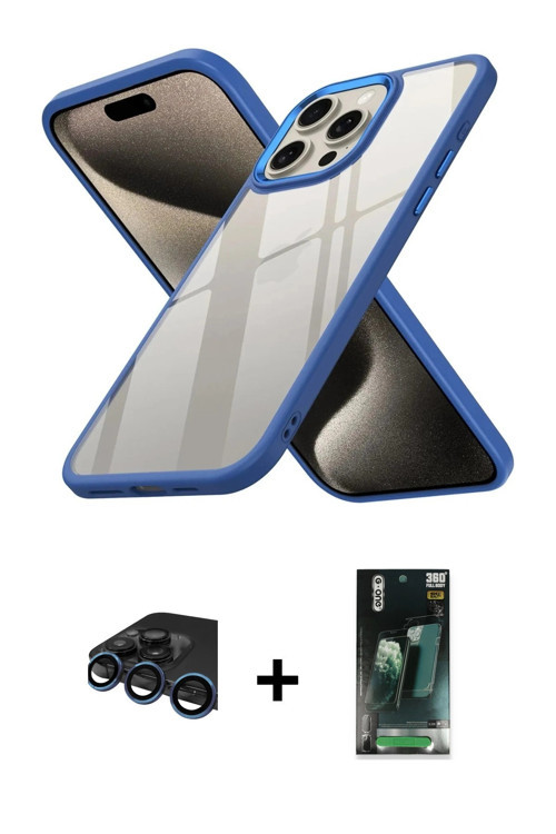 ieg™ iPhone 15 Pro Kılıf Nova Işık Serisi - Siyah 360 Mat Full Body Arka Koruyucu + Lacivert Raze Me