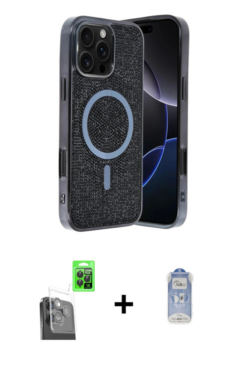ieg™ iPhone 16 Pro Kılıf Eksen Çizgi - Siyah Joko Magic 5D Cam + Siyah Raze Metal Kamera Lens