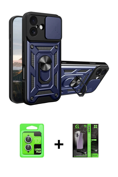 ieg™ iPhone 17 Kılıf Ahenk Klasik - Şeffaf 360 Full Body Arka Koruyucu + Açık Mavi Raze Metal Kamera