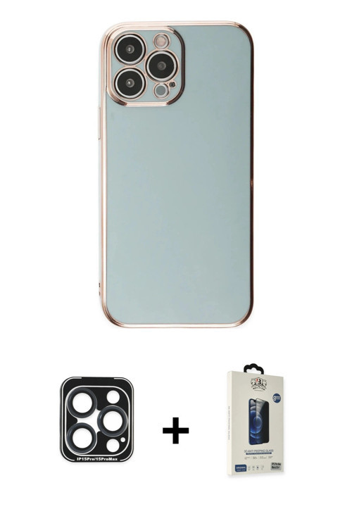 ieg™ iPhone 15 Pro Max Kılıf Yankı Serisi - Siyah Bilvis Hayalet Cam Ekran Koruyucu + Lacivert PVD M