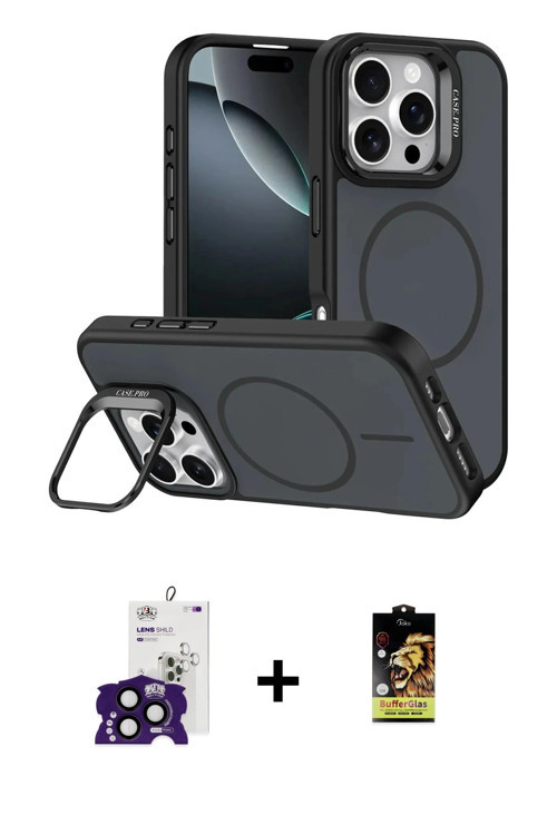ieg™ iPhone 16 Pro Max Kılıf Çekirdek Klasik - Siyah Buffer Cam Ekran Koruyucu + Siyah Bilvis Titan