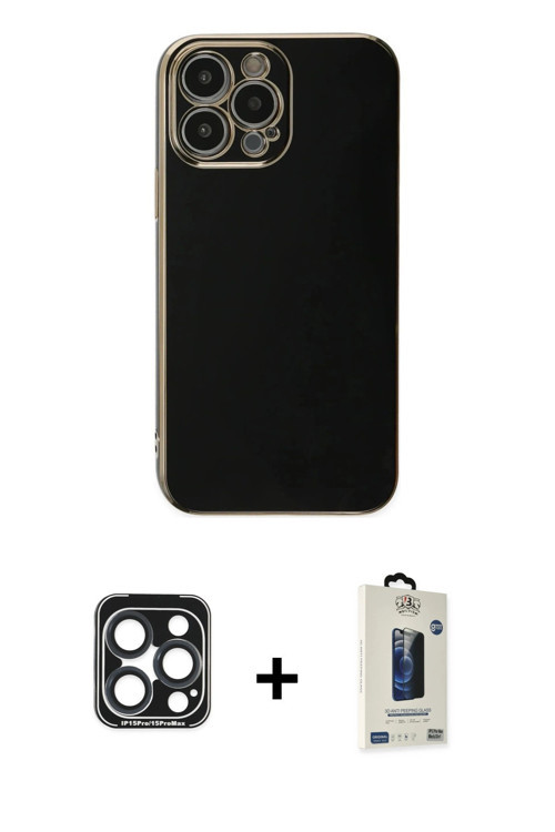 ieg™ iPhone 15 Pro Max Kılıf Yankı Serisi - Siyah Bilvis Hayalet Cam Ekran Koruyucu + Lacivert PVD M