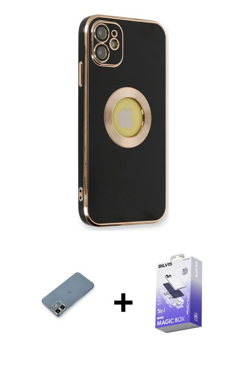 ieg™ iPhone 12 Kılıf İz Form Serisi - Siyah Bilvis 5in1 5D Magic Hayalet Cam Ekran Koruyucu + Gold M