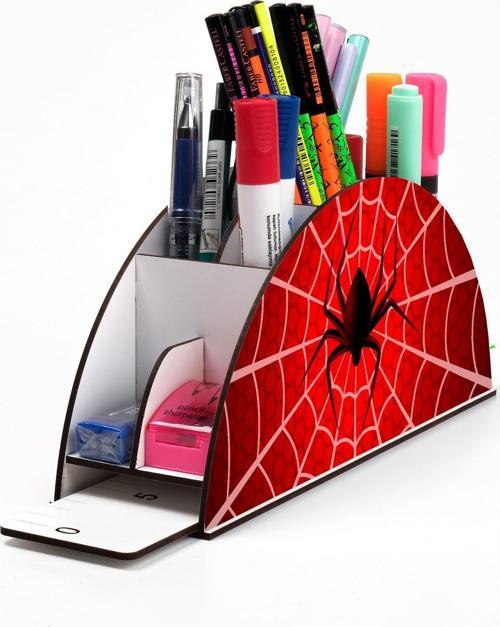 Ahşap Örümcek Adam Gökkuşağı Cetvelli Masaüstü Kalemlik Kutu Çocuklar Için Organizer Gk45