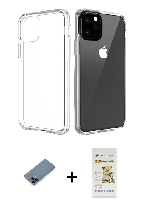 ieg™ iPhone 11 Pro Max Kılıf Zirve Doku - Siyah Mat Seramik Nano Ekran Koruyucu + Mavi Metal Kamera