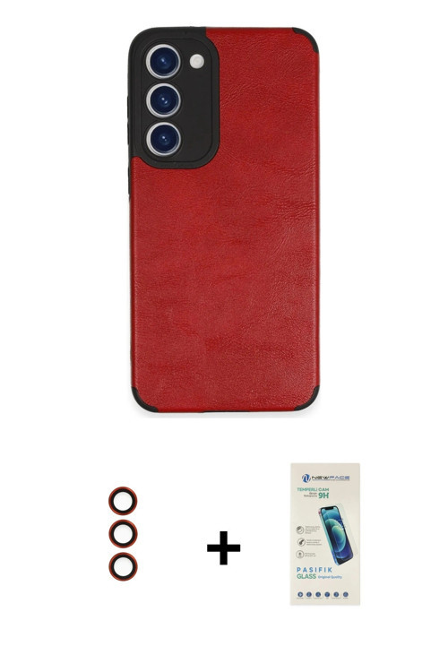 ieg™ Galaxy S23 Plus Kılıf Doruk Asil Koleksiyonu - Şeffaf Pasifik Cam Ekran Koruyucu + Kırmızı Meta