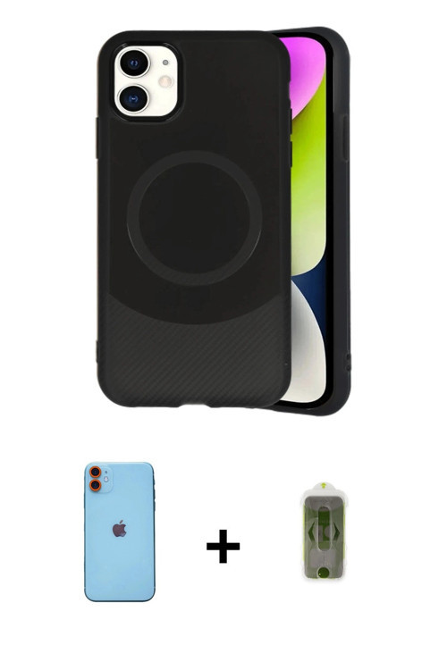 ieg™ iPhone 11 Kılıf Ufuk Serisi - Siyah Joko Magic 5D Hayalet Cam + Turuncu Neon Fosforlu Kamera Le