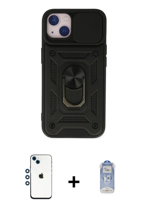 ieg™ iPhone 14 Kılıf Ahenk Klasik - Siyah Joko Magic 5D Cam + Mavi Shine Kamera Lens