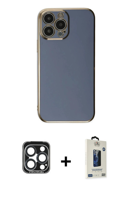 ieg™ iPhone 15 Pro Max Kılıf Yankı Serisi - Siyah Bilvis Hayalet Cam Ekran Koruyucu + Lacivert PVD M