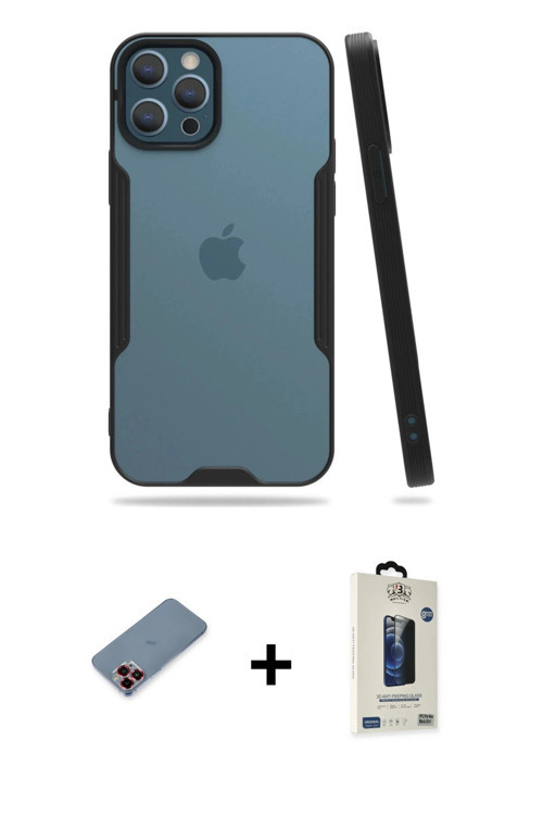 ieg™ iPhone 12 Pro Max Kılıf Atlas Asil Serisi - Siyah Bilvis Hayalet Cam Ekran Koruyucu + Kırmızı M