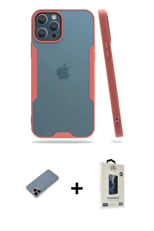 ieg™ iPhone 12 Pro Max Kılıf Atlas Asil Serisi - Siyah Bilvis Hayalet Cam Ekran Koruyucu + Kırmızı M