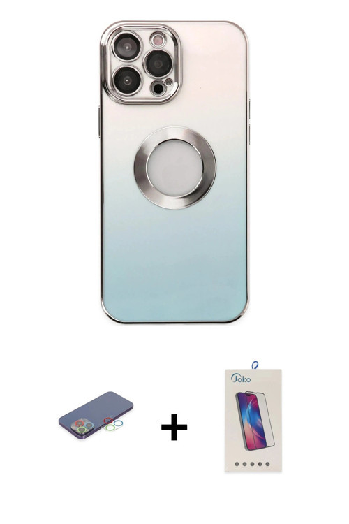 ieg™ iPhone 13 Pro Max Kılıf Kutup Yansıma Özel Seri - Siyah Joko 5D Cam + Mavi Renkli Kamera Lens K