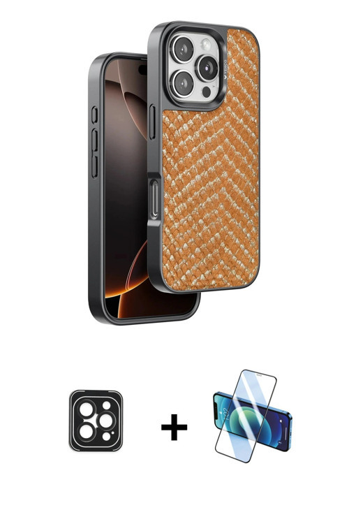 ieg™ iPhone 16 Pro Max Kılıf Vadi Özel Seri - Siyah 3D Antistatik Cam Ekran Koruyucu + Siyah PVD Met