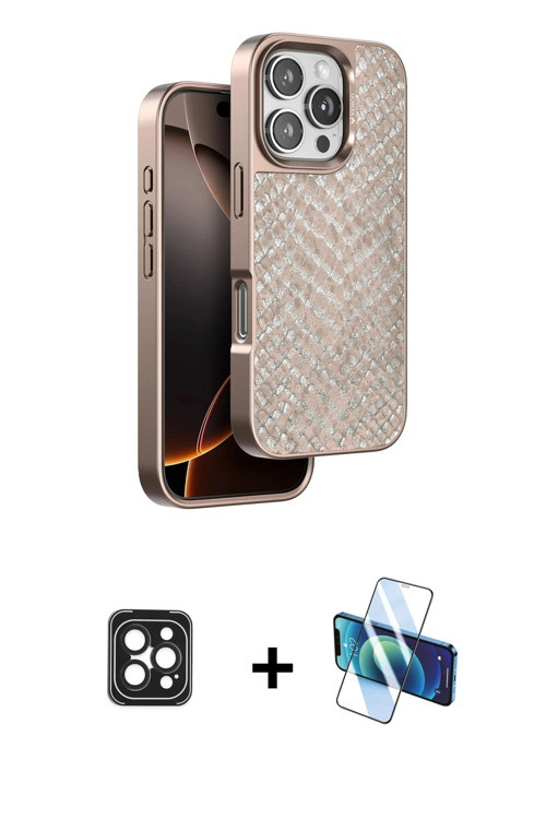 ieg™ iPhone 16 Pro Max Kılıf Vadi Özel Seri - Siyah 3D Antistatik Cam Ekran Koruyucu + Siyah PVD Met