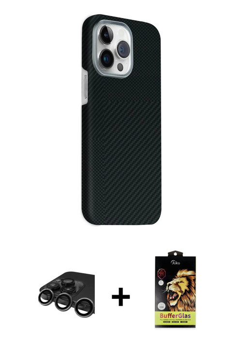 ieg™ iPhone 15 Pro Max Kılıf Kozmos Klasik Prime - Siyah Buffer Cam Ekran Koruyucu + Titanyum Gri Ra