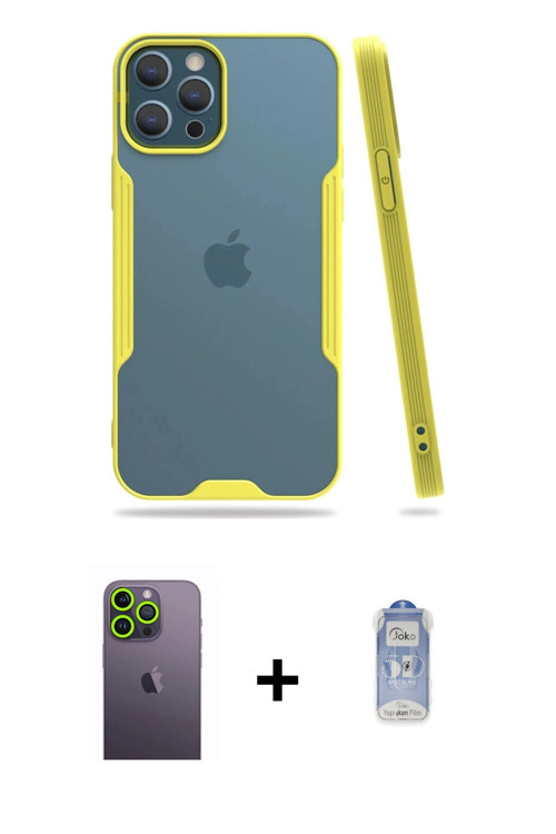 ieg™ iPhone 12 Pro Max Kılıf Atlas Asil Serisi - Siyah Joko Magic 5D Cam + Yeşil Neon Fosforlu Kamer