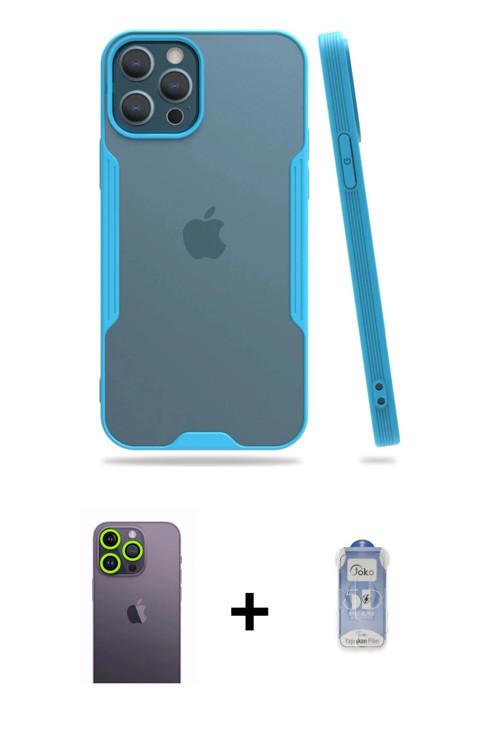 ieg™ iPhone 12 Pro Max Kılıf Atlas Asil Serisi - Siyah Joko Magic 5D Cam + Yeşil Neon Fosforlu Kamer