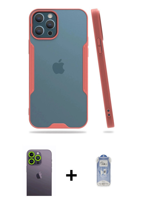 ieg™ iPhone 12 Pro Max Kılıf Atlas Asil Serisi - Siyah Joko Magic 5D Cam + Yeşil Neon Fosforlu Kamer