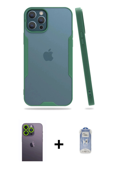 ieg™ iPhone 12 Pro Max Kılıf Atlas Asil Serisi - Siyah Joko Magic 5D Cam + Yeşil Neon Fosforlu Kamer