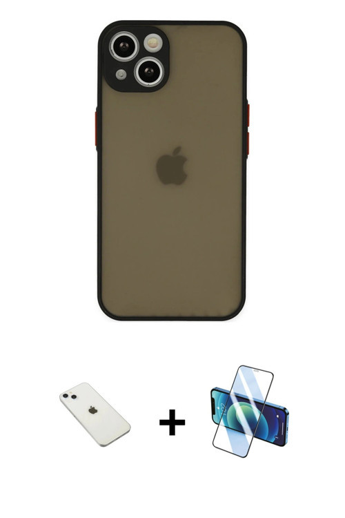 ieg™ iPhone 14 Kılıf Ahenk Çizgi Serisi - Siyah 3D Antistatik Cam Ekran Koruyucu + Sierra Blue Diamo