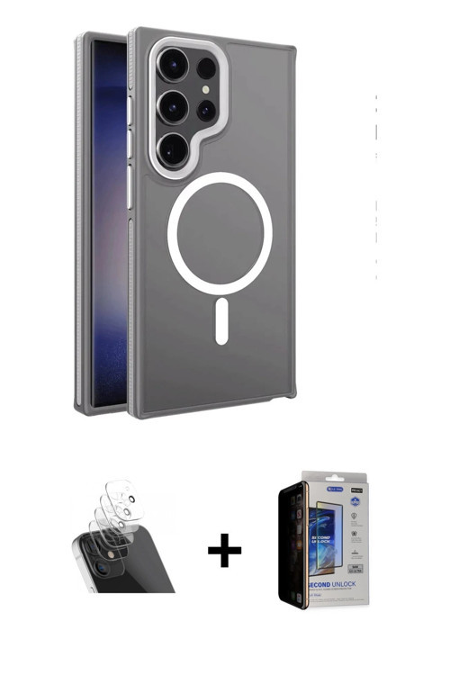ieg™ Galaxy S23 Ultra Kılıf Yörünge Klasik - Siyah Durable Full Glue Curved Hayalet Cam + Şeffaf Kam