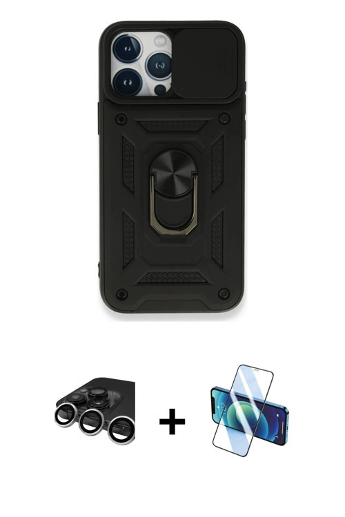ieg™ iPhone 15 Pro Kılıf Ahenk Klasik - Siyah 3D Antistatik Seramik Nano Ekran Koruyucu + Gümüş Raze