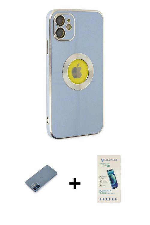 ieg™ iPhone 12 Kılıf İz Form Serisi - Şeffaf Pasifik Cam Ekran Koruyucu + Mavi Metal Kamera Lens Kor