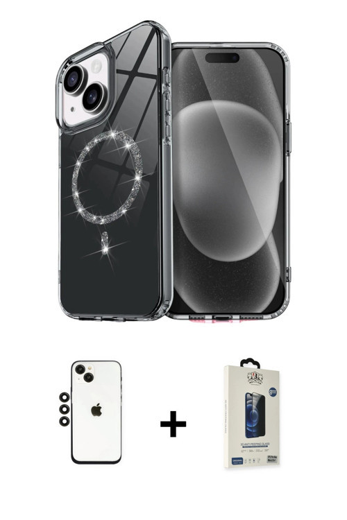 ieg™ iPhone 14 Kılıf Kıvılcım Form Prime - Siyah Bilvis Hayalet Cam Ekran Koruyucu + Siyah Shine Kam