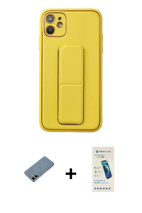 ieg™ iPhone 12 Kılıf Akış Doku - Şeffaf Pasifik Cam Ekran Koruyucu + Gold Shine Kamera Lens Koruma C