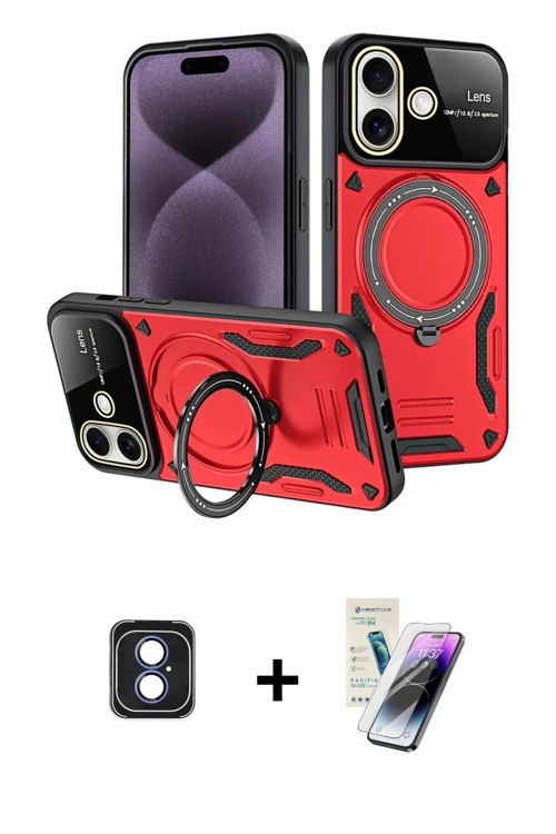 ieg™ iPhone 16 Kılıf Kıvılcım Modern Serisi - Şeffaf Pasifik Cam Ekran Koruyucu + Mavi PVD Metal Kam