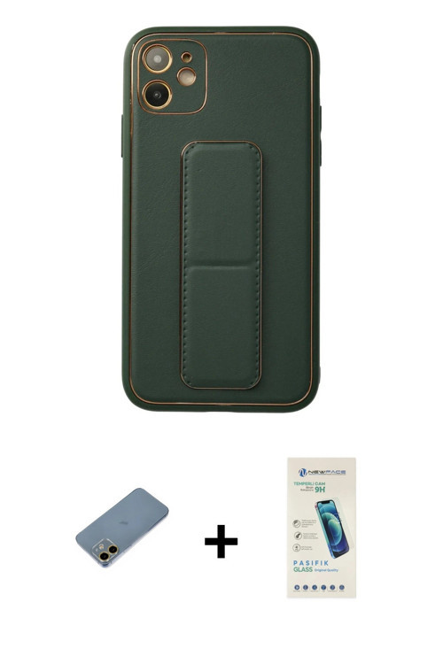ieg™ iPhone 12 Kılıf Akış Doku - Şeffaf Pasifik Cam Ekran Koruyucu + Gold Shine Kamera Lens Koruma C